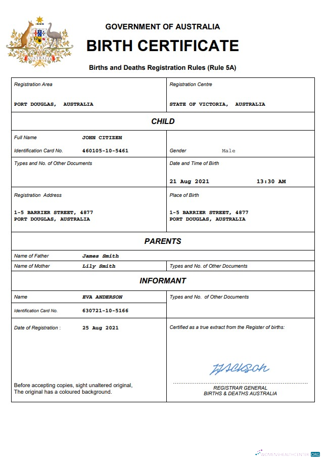 Download Australia vital record birth certificate Word and PDF template Photoshop template